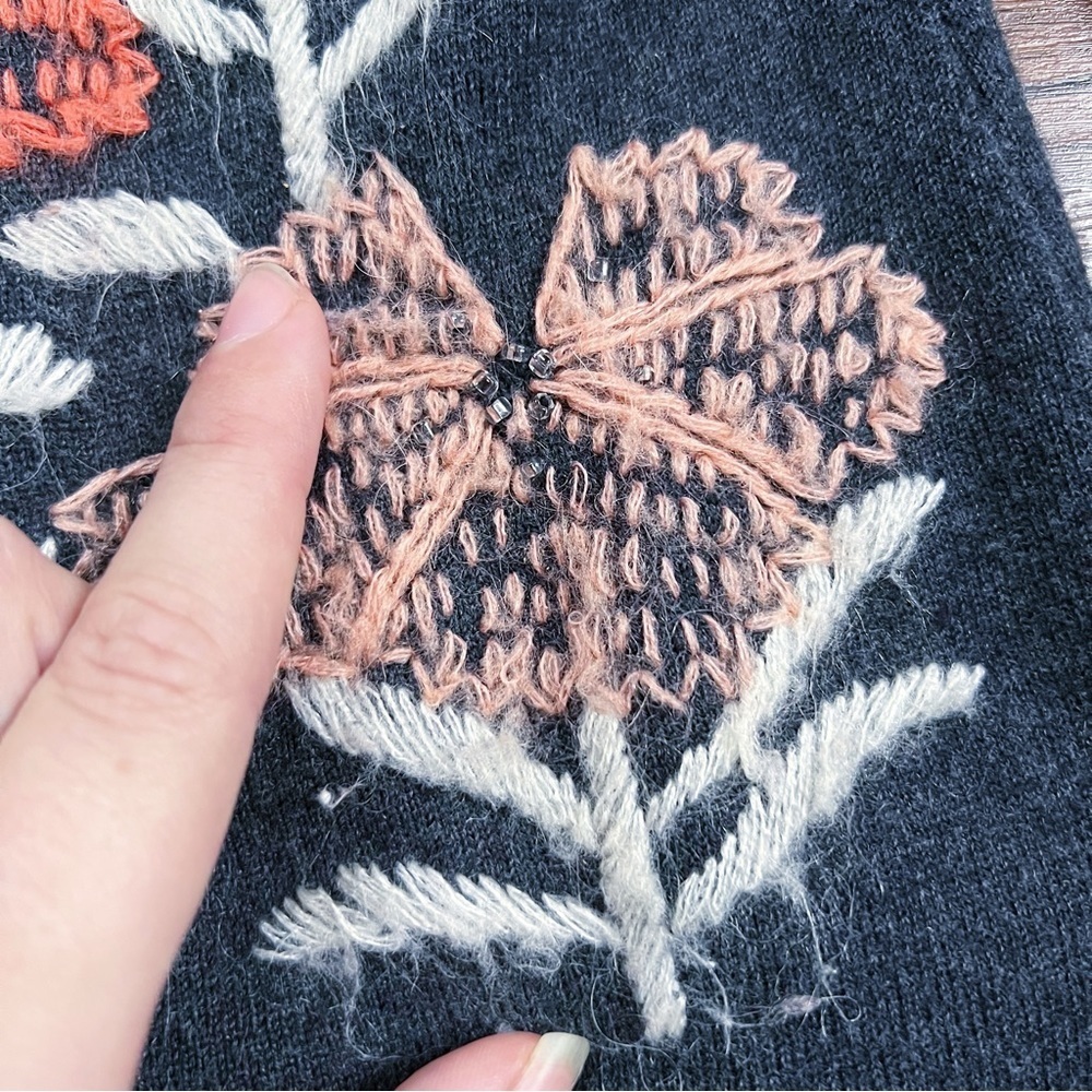 Knitted & Knotted • Anthro Kilda Sweater grey orange floral embroidered pullover - Picture 7 of 10